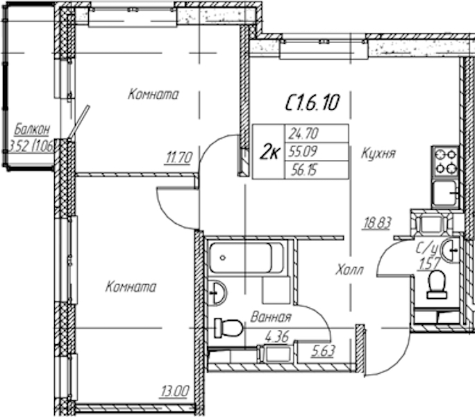 2-комнатная квартира 56.15 м², 6/22 эт., ЖК «Парк-квартал Юнтолово»